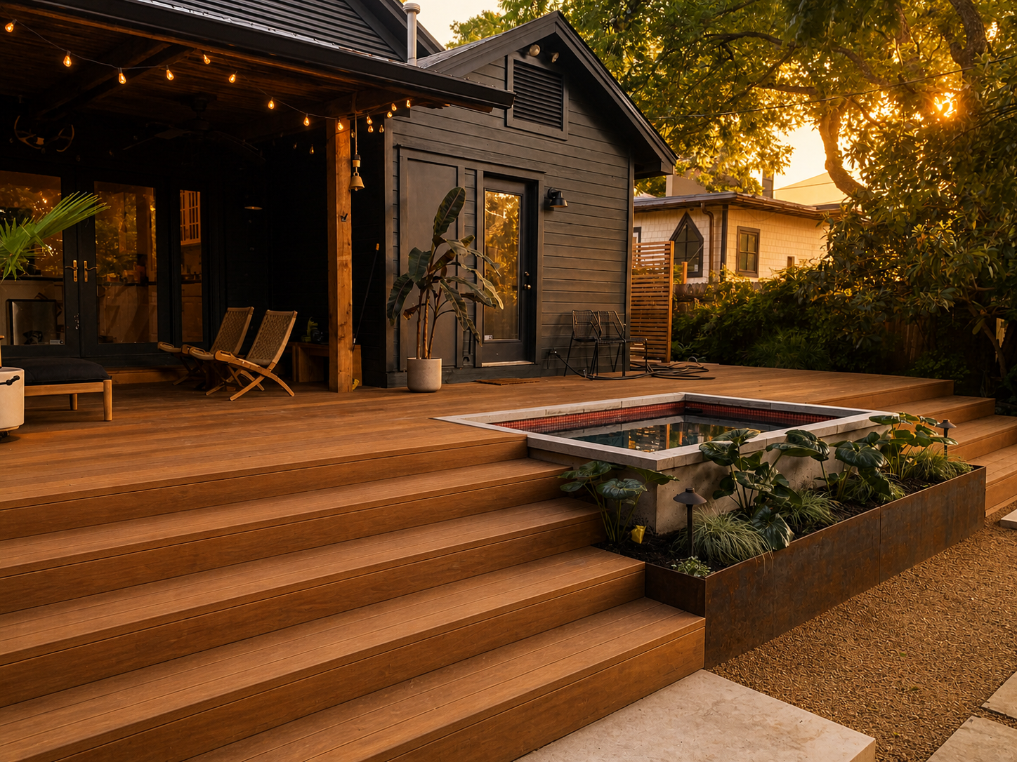 Hardwood decking with pool